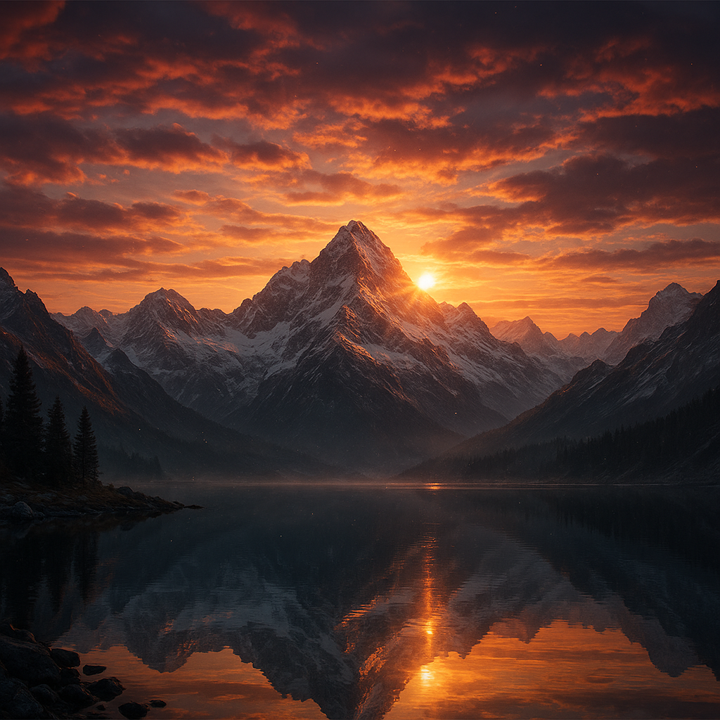 GPT-5 Image Mini: A cinematic sunset over snow-capped mountains, ultra detail… – image 1